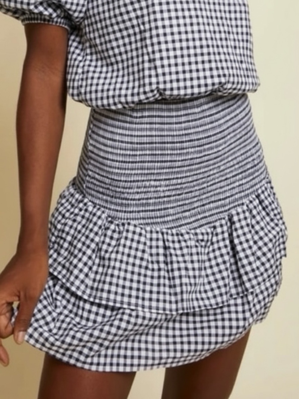 Nation LTD Nili Gingham Smocked Tiered Ruffle Party Mini Skirt - Large